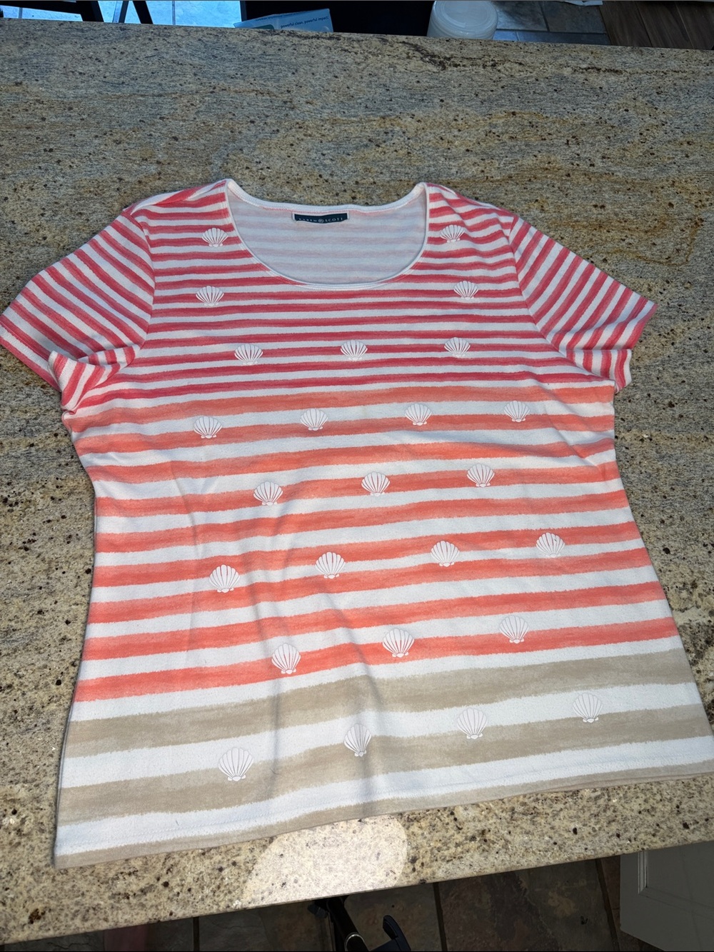 Karen Scott Coral, Cream & Beige Striped Short-Sleeve Knit Top